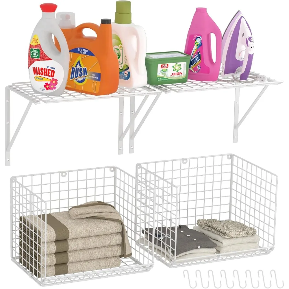 

2 Pack Wall Mounted Laundry Shelves with Wire Baskets, Drying Rack & 8 Hooks for Closet Organization, White