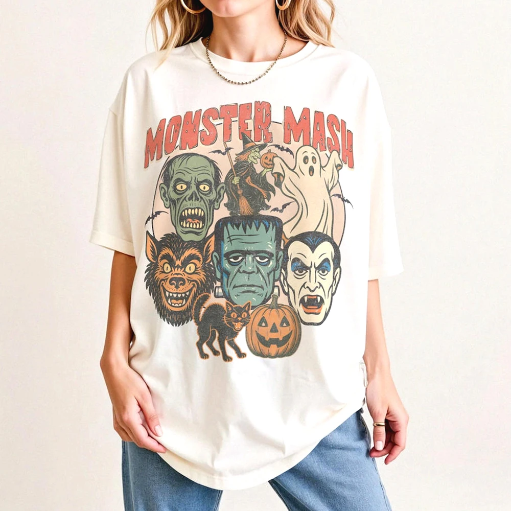 Monster Mash Shirt Retro Halloween Spooky Season Tee Vampire Black Cat Ghost Pumpkin Graphic Tee Cool Unisex Gothic Punk Tshirt