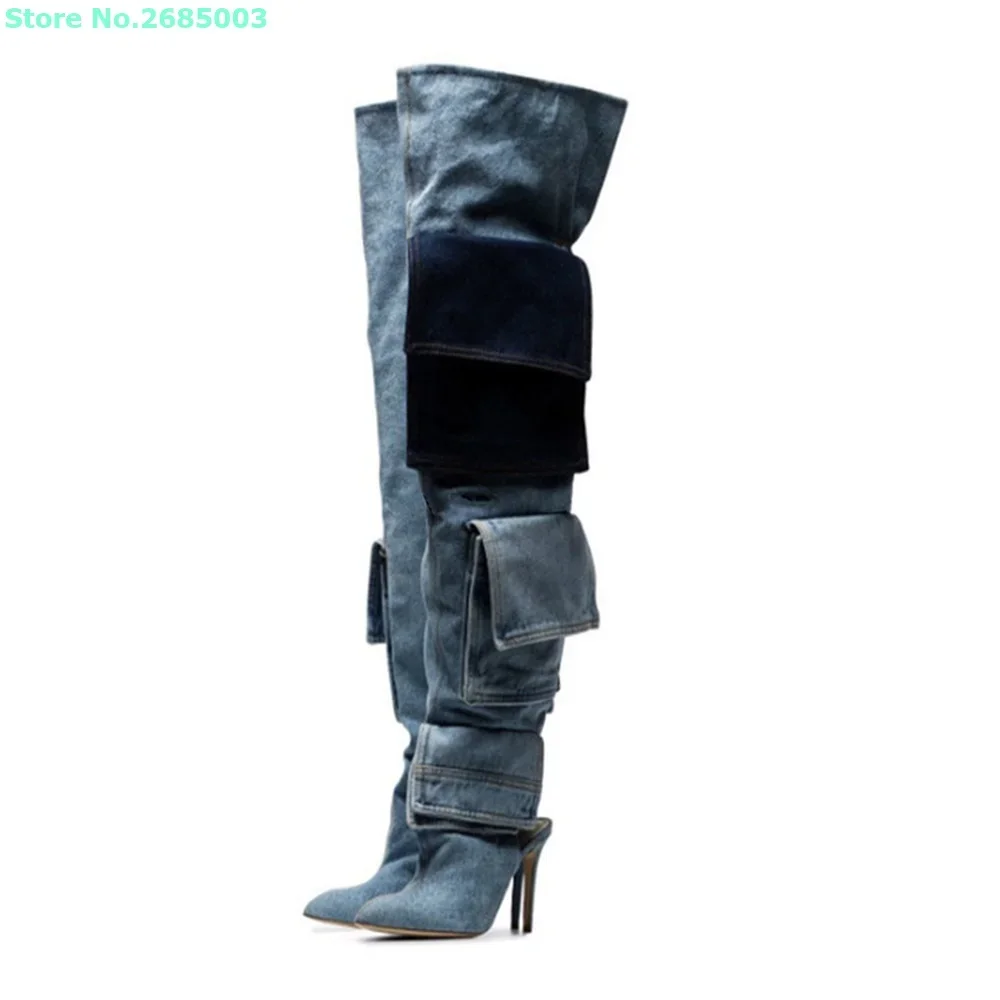 Patchwork Denim Pocket Boots Pointed Toe Over The Knee Thin High Heels Slip On Sexy Women Autume Winter Party Dress Boots Shoes
