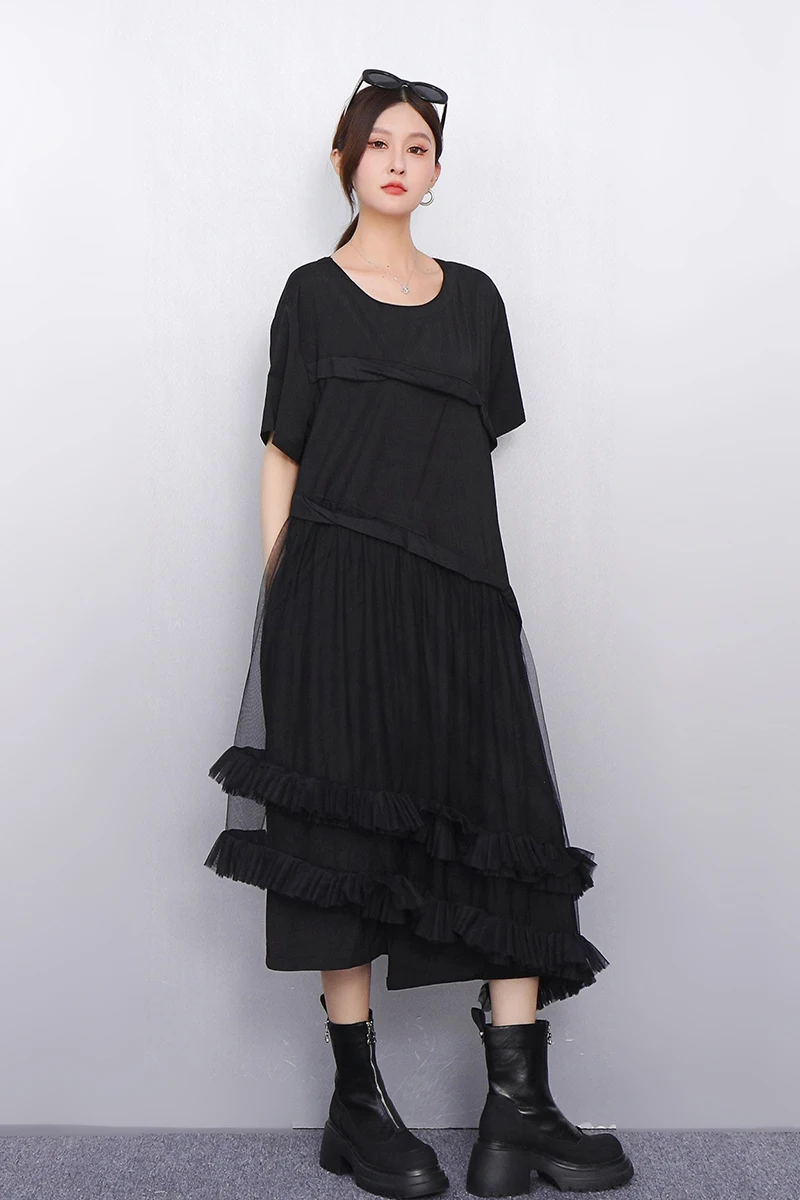 2025春夏新作 レディース イレギュラーメッシュTシャツ ルーズロングワンピース 半袖ワンピース 卸売 J1179