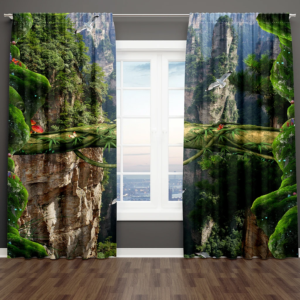 

Forest Blackout Curtains Jungle Tree Nature Scenery Window Curtain Living Room Bedroom Waterfall Left and Right Biparting Open