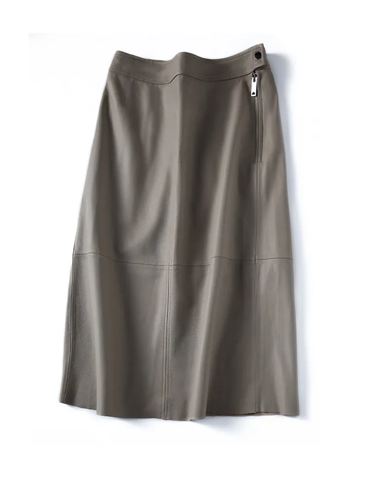 Lvory-White Sheepskin Split A-line Skirt, Midi Length, Hips, V Spliced, Elephant Grey, Spring and Autumn