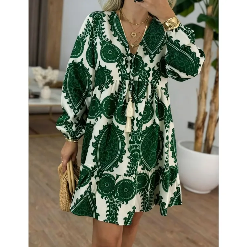 Elegante abito Boho a trapezio stampato retrò Donna Autunno scollo a V Tie-up Nappa Abiti da festa Autunno Elegante mini abito a maniche lunghe