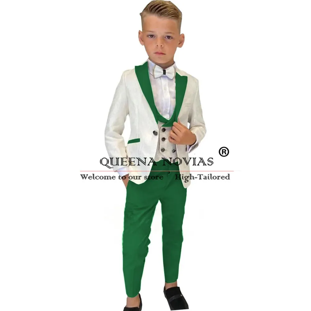 Trajes de lujo para niños para fiesta de boda, solapa de pico rojo, chaqueta floral de marfil, chaleco, pantalones, conjuntos de 3 piezas, esmoquin para niños, hecho a medida