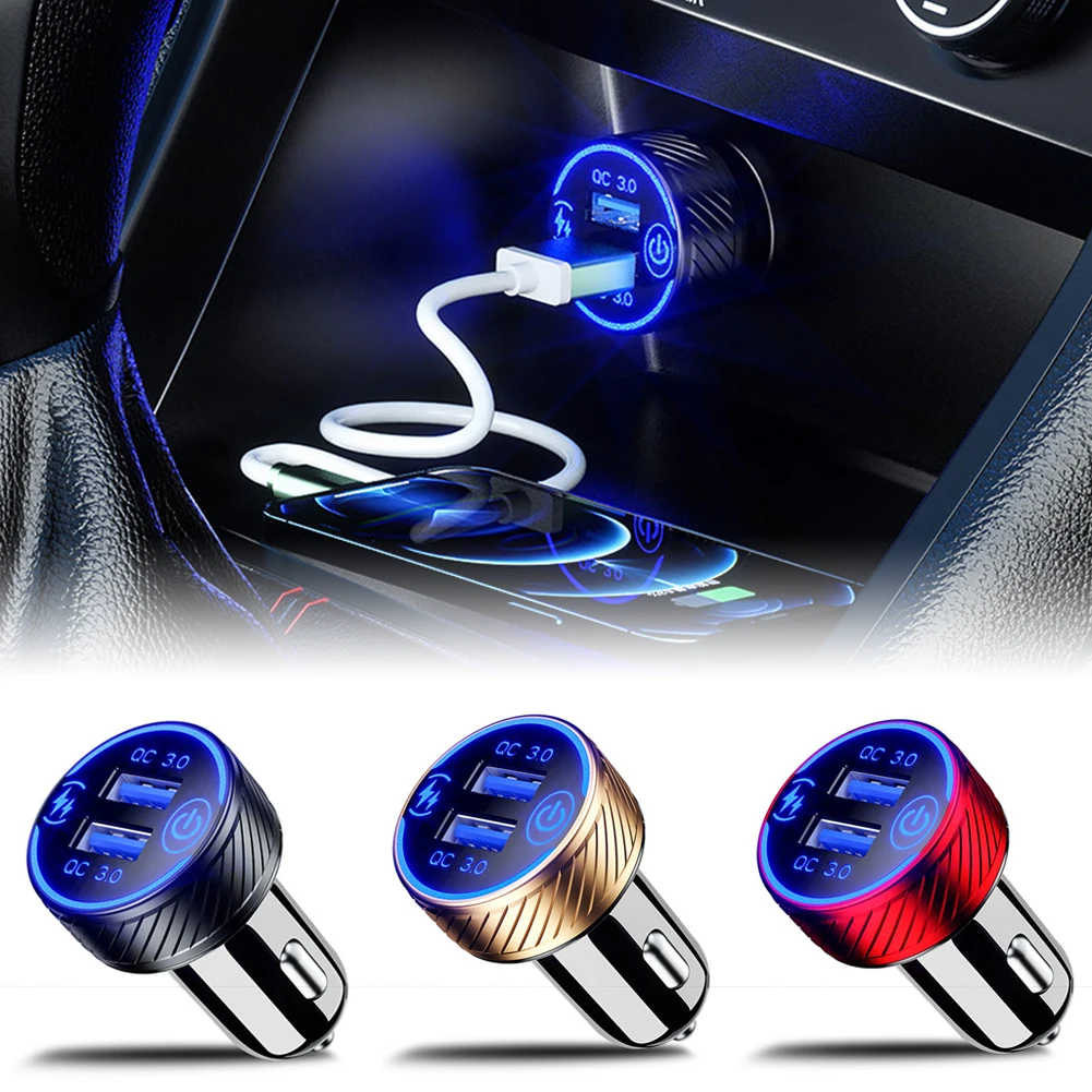 18W Dual QC 3.0 USB Port Multiple Car Charger Socket with Touch Switch Fast Charger Car Adapter Triple Aluminum Metal 12V 24V