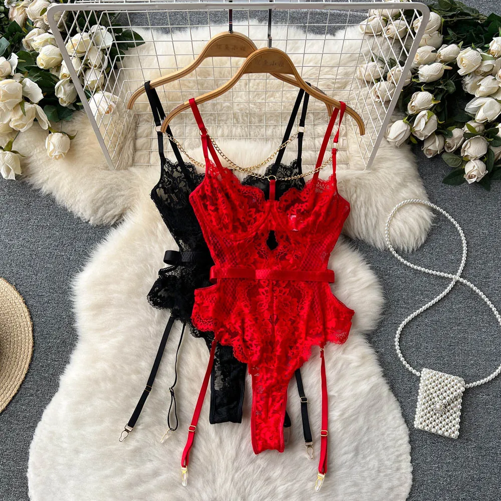 ssTss Sexy Women See Through Mesh Lace Bodysuits Black Red Spaghetti Strap Sleeveless Chain Decoration Body Femme Clubwear