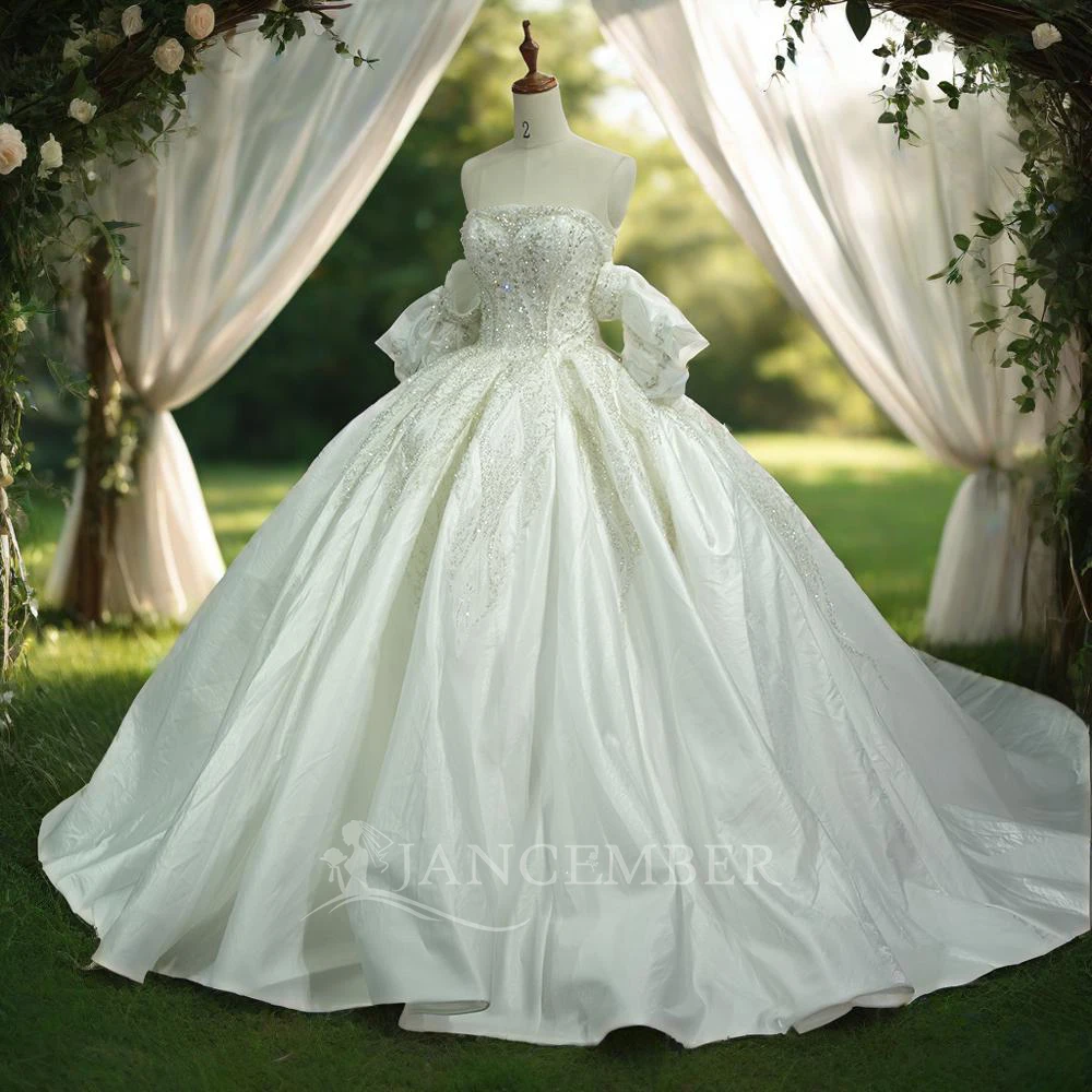 

Jancember Embroidery Wedding Dress With Big Train 2025 Boat Neck Short Sleeve Wedding Gown Vintage Bridal Gown vestido de novia
