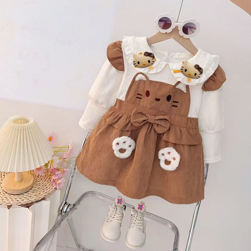 

Sanrio hello kitty girls dress spring and autumn new children's cartoon suspenders flower bud skirt girls cute lapel undershirt