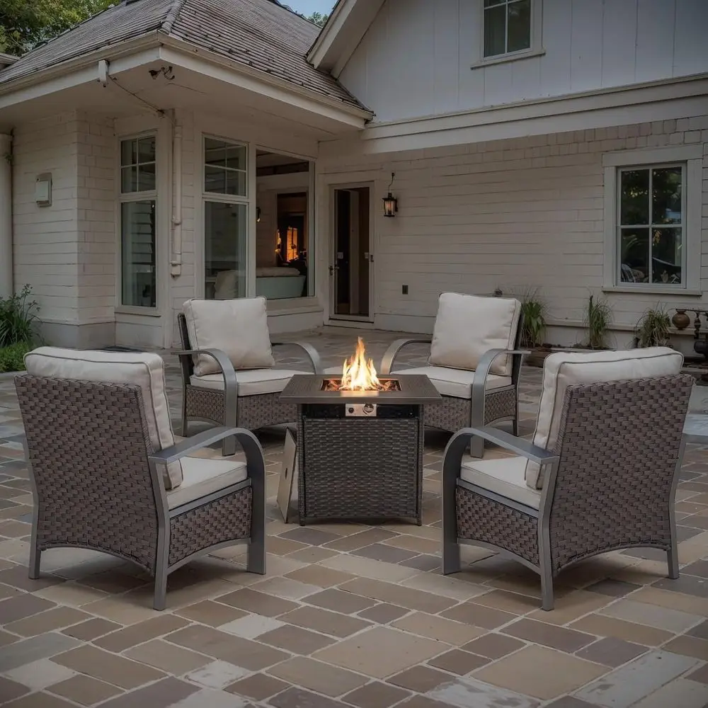 

5-Piece Outdoor Patio Furniture Set with Propane Fire Pit Table and 4 Wicker Chairs - Perfect for Backyard Gatherings in Brown