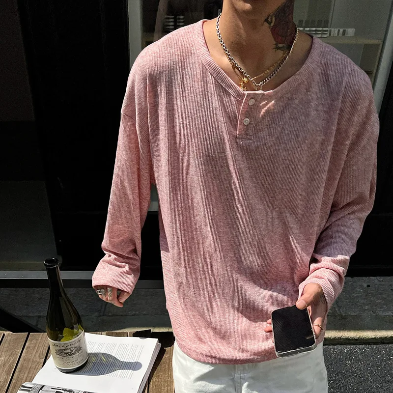 

Vintage Pleated Texture Collar Long-sleeved T-shirt Men's Spring Inner Wear C Teen Top
