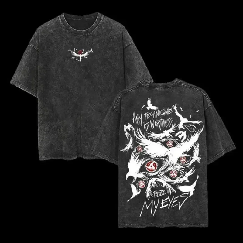 Itachi Crow T Shirt Naruto Men Acid Wash Back Print Sharingan Anime Graphic Cotton Streetwear Quote Vintage Bootleg Oversized T