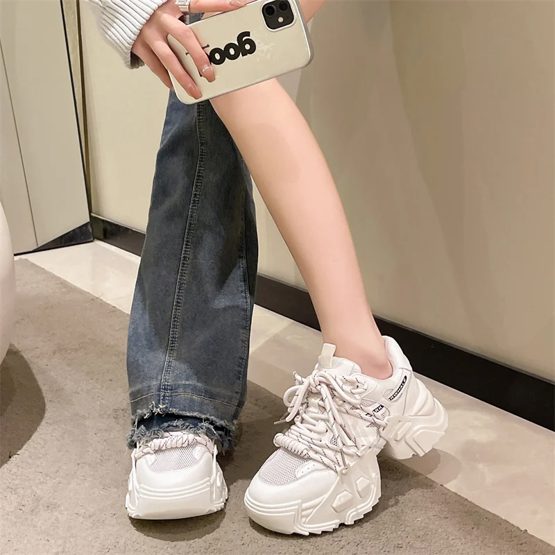 

Summer Women Dad Shoes Mesh Fashion Genuine Leather High Heel Casual Chunky Sneakers Lady Vulcanized Shoes 2023 Luxury Brand