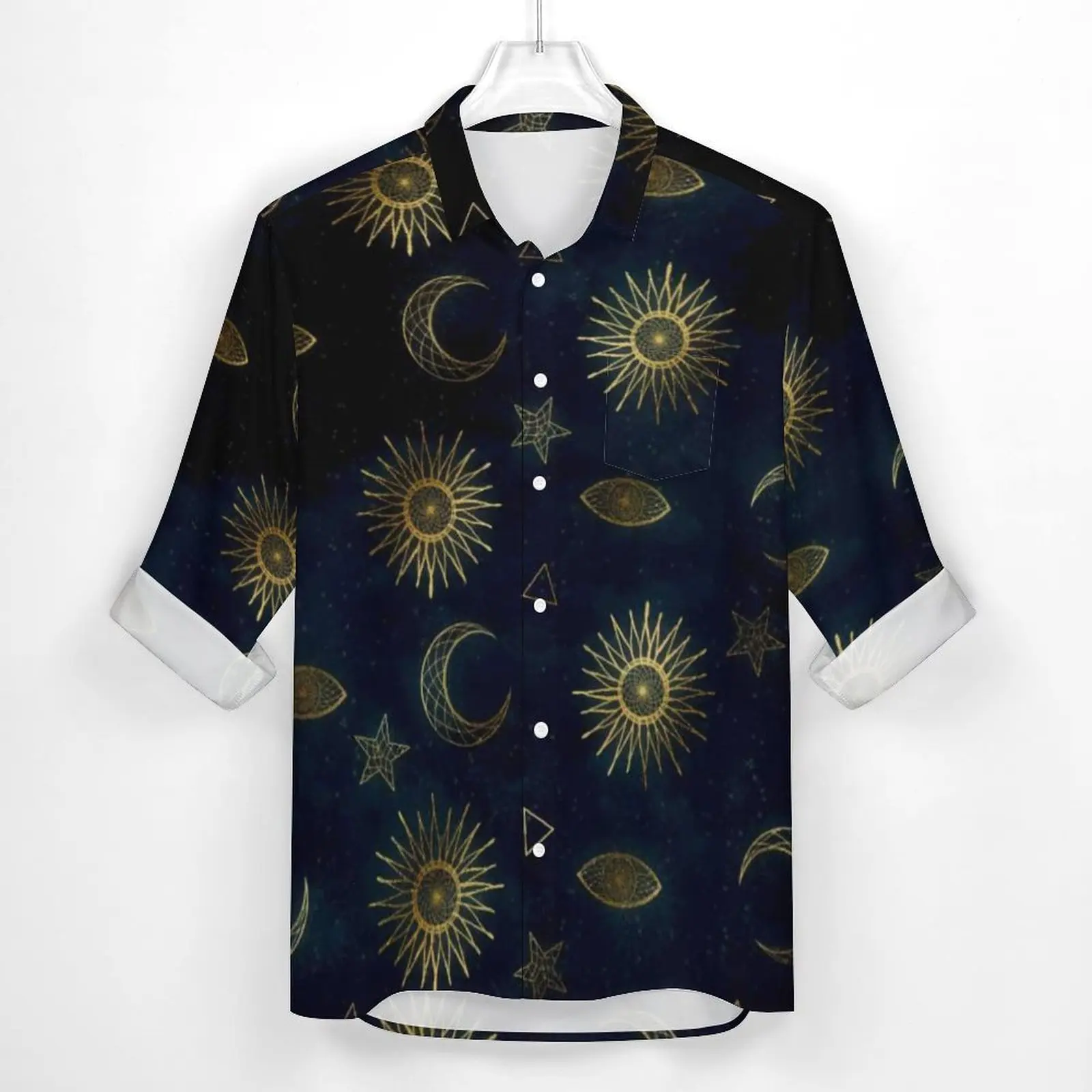 Magical Symbol Shirt Autumn Gold Moon Sun Stars Casual Shirts Man Fashion Blouses Long Sleeve Aesthetic Clothes Plus Size