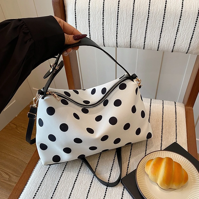 Koreanische Umhängetasche mit Polka Dots, leichte Damen-Umhängetasche, vielseitige, lässige Colorblock-Handtasche für den Arbeitsweg, Reißverschluss – Detail 21