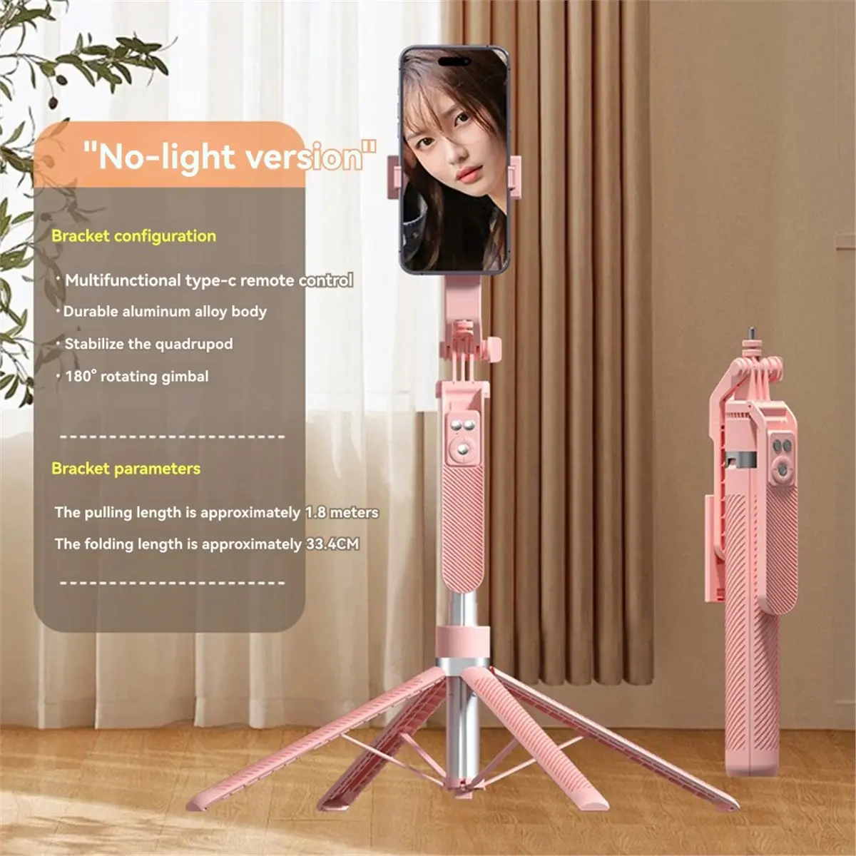 1,8 m de largo 360 °   Palo de Selfie para teléfono con cabezal giratorio, soporte de cuatro patas, trípode de expansión remota Bluetooth para teléfono inteligente, color negro