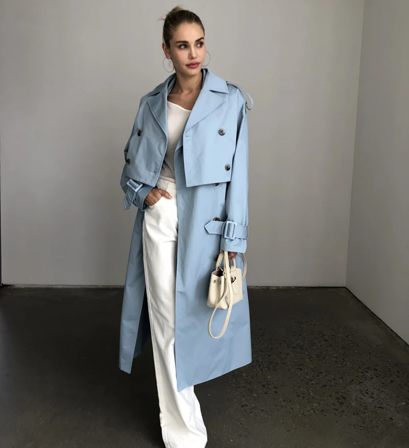 2024 Women Fashion Fall / Autumn 2 piece long trench coat Female outerwear blue Khaki