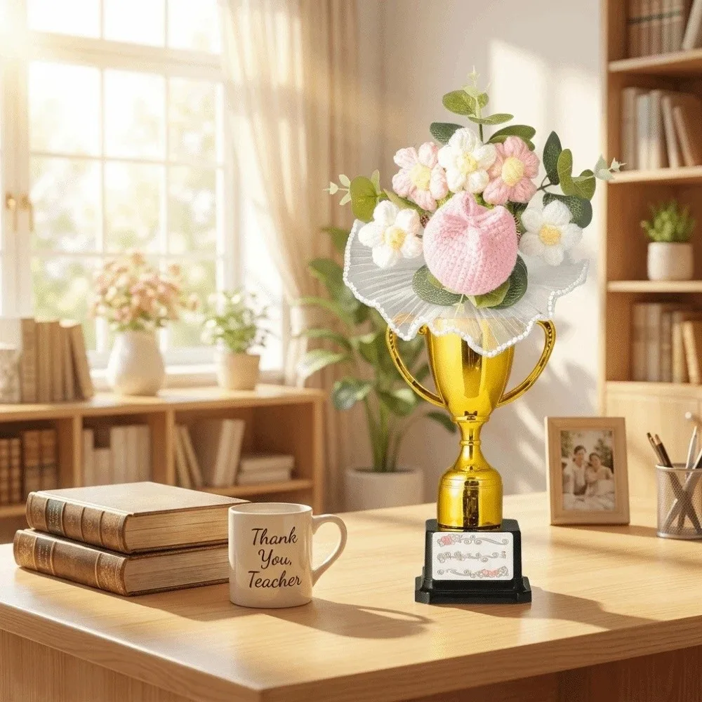 Delicate Flower Adornment Graduation Season Ornament Trophy-Shaped Base Refined Workmanship Teacher Appreciation Keepsake