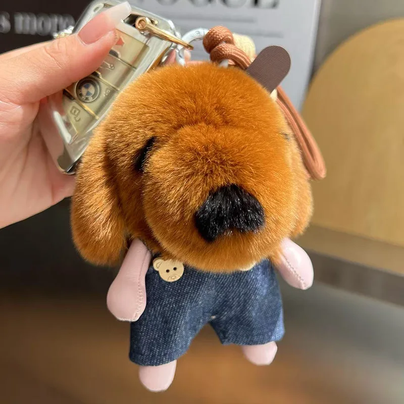 Lindo lontra conejo piel perro coche llavero colgante juguete de peluche muñeca mochila decoración