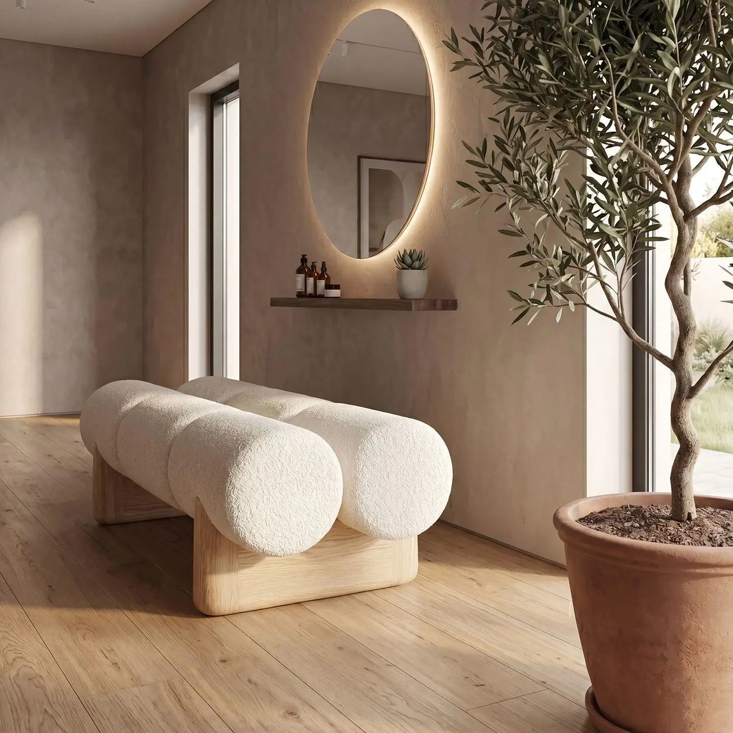 Segmented Round Bulb Upholstered Bench Wood Support Base Fluffy Fabric Long Ottoman Shoe Stool for Entryway Bedroom Decor