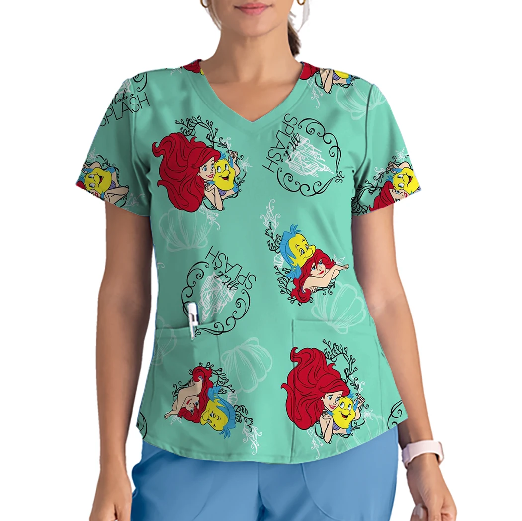 Haut à manches courtes et col en V pour femmes, uniforme de travail, chemise de princesse Disney, chemise à imprimé sirène, haut de gIslande d'allaitement, t-shirt décontracté, mode féminine