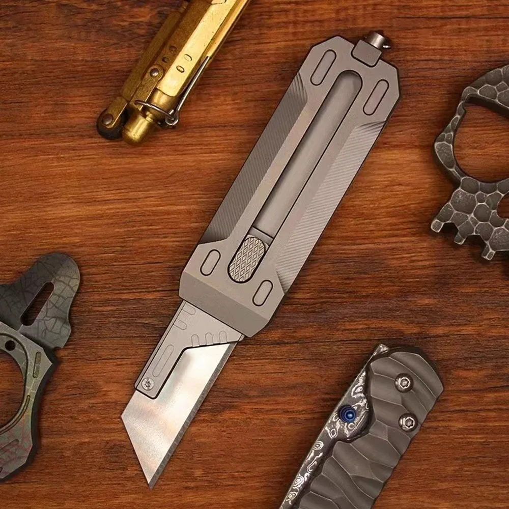 Titanium Alloy Utility Knife Keychain Mini Sliding Blade Knife EDC Small Box Cutter Portable Replaceable SK5 Blade Pocket Knives