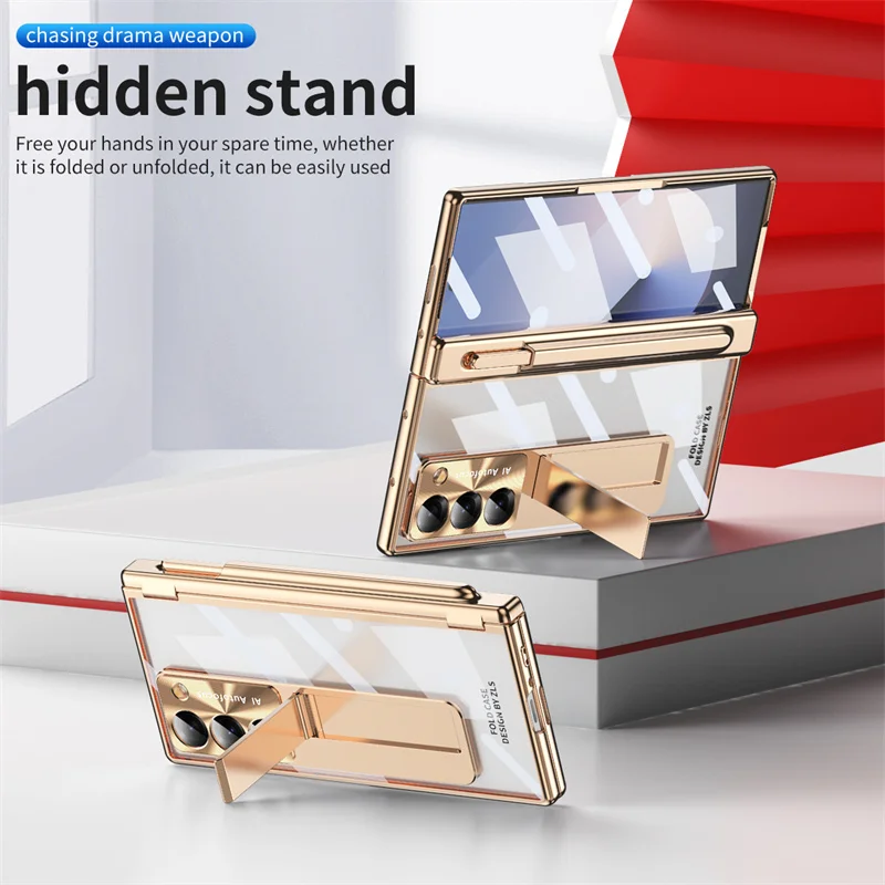 For Samsung Galaxy Z Fold 3 4 5 Case Electroplated Hinge Transparent 360 Full Protective Film Bracket Cover For Galaxy Z Fold6