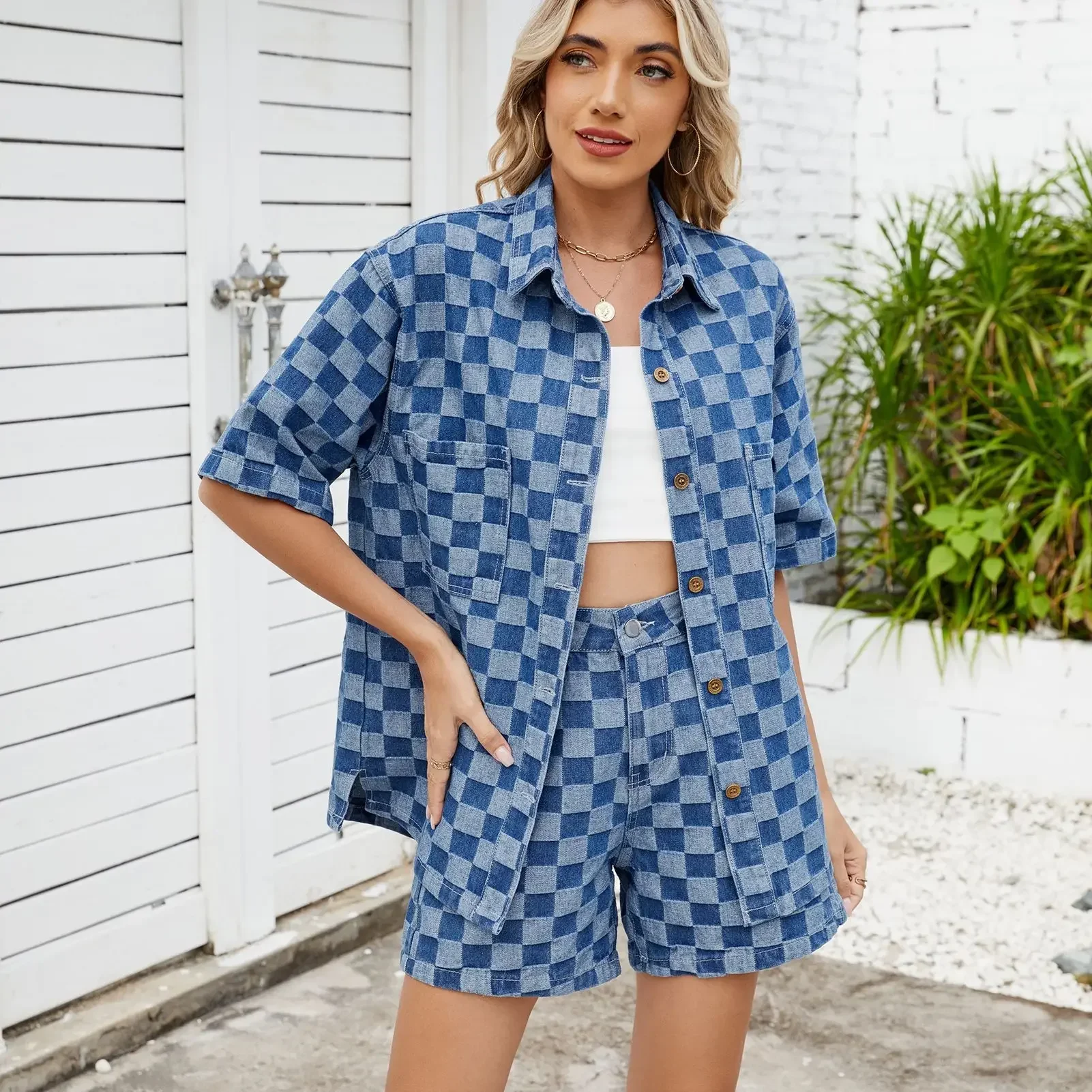 

Denim Suit Women Shorts 2 Piece Sets Plaid Shirts Single Breasted Outfits Washed Distressed Short Pants Streetwear Ensemble
