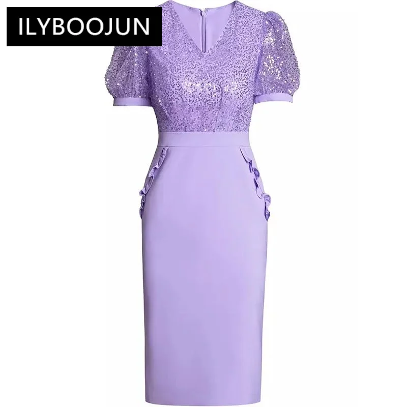 

ILYBOOJUN Summer Women's Dress V-Neck Short-Sleeve Sequins Design Slim-Fit Hip Wrap High Waiste Party Ball Gown Dresses