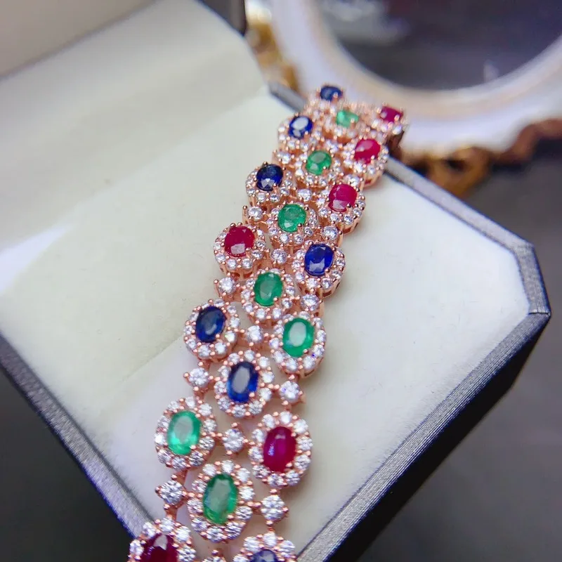 925 Silver Natural Sapphire Ruby and Emerald Bracelet for Wedding Solid Sterling Silver Amethyst Jewelry Jewrelry