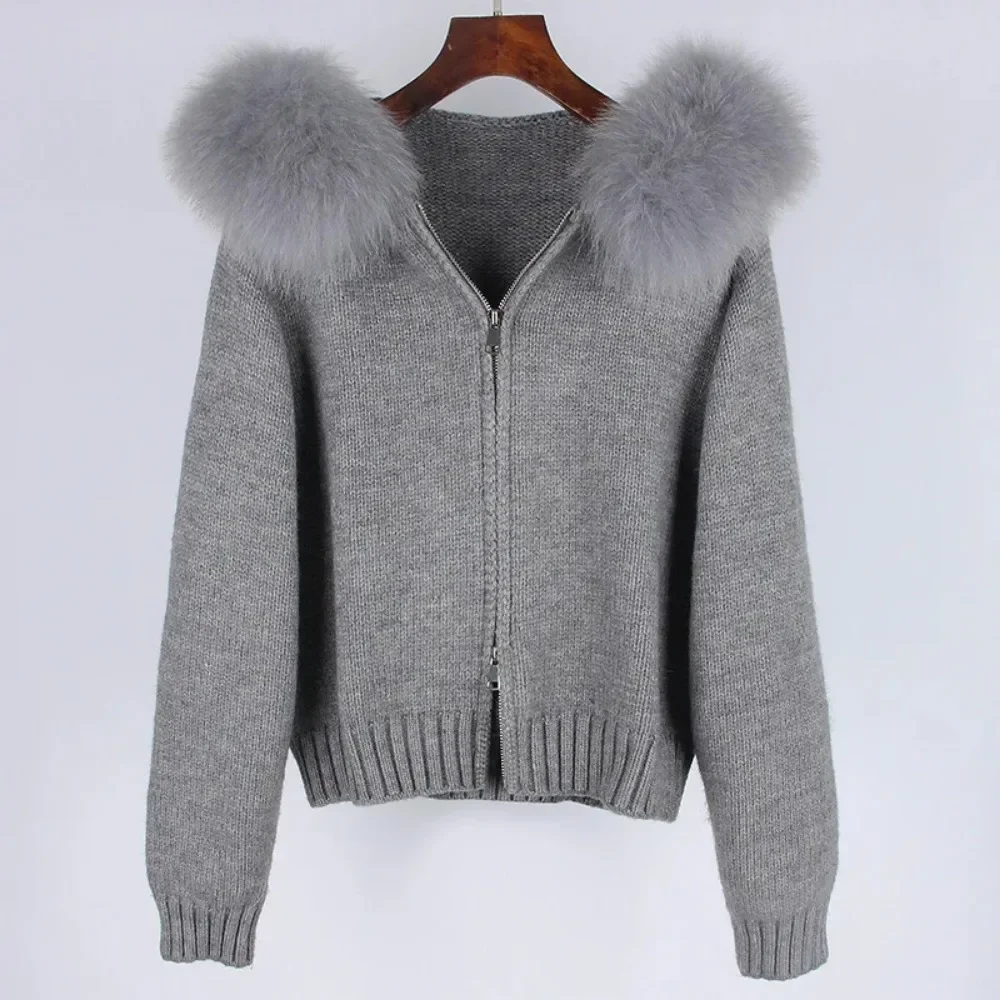 2024 Fashion Autumn Winter Casual Hooded Real Fox Fur Collar Fashion Short Knitted Jacket with Natural Fur Coat for Women