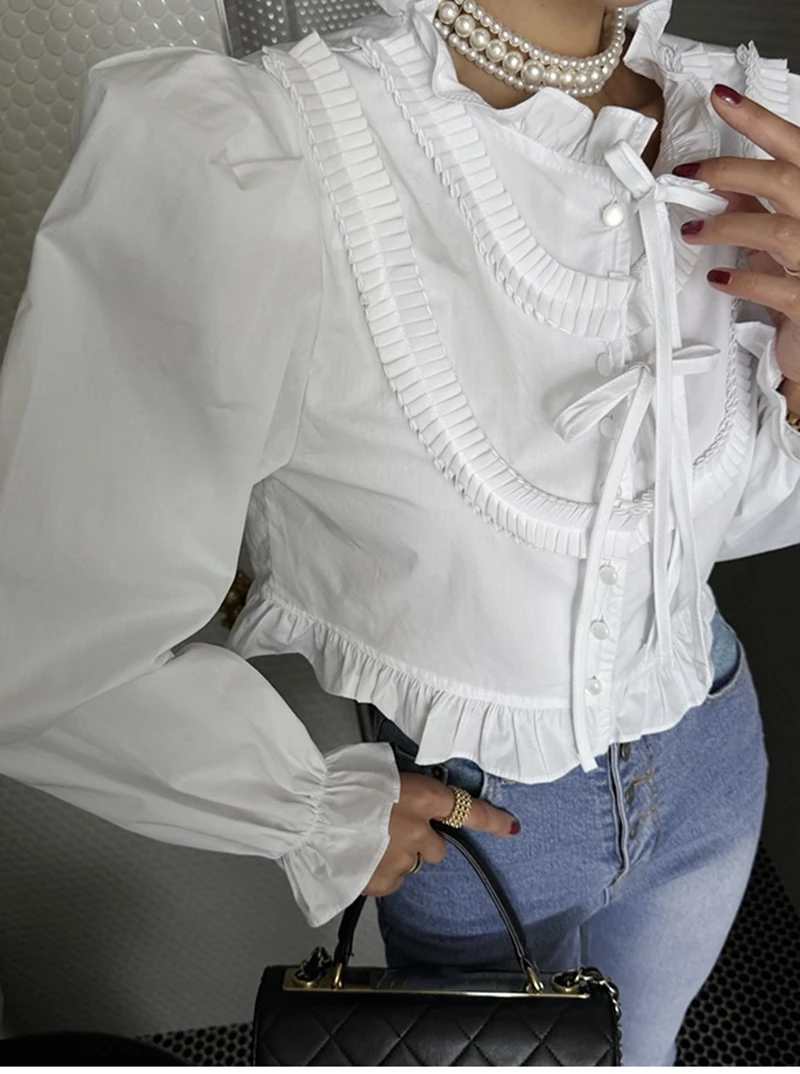 Camicetta dolce europea francese Camicia bianca Moda Donna Blusas Top Top e camicette a maniche lunghe da donna casual