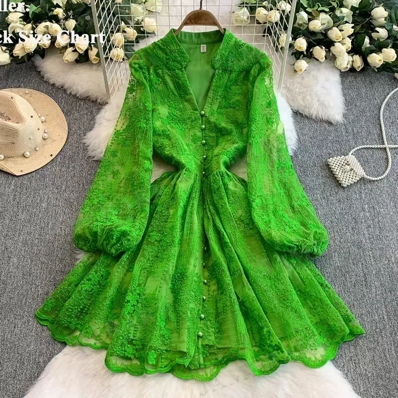 Summer Autumn Long Sleeve Lace Short Dress Women Crochet Embroidery Formal Evening Dresses Fairy Princess Sweet Palace Robe