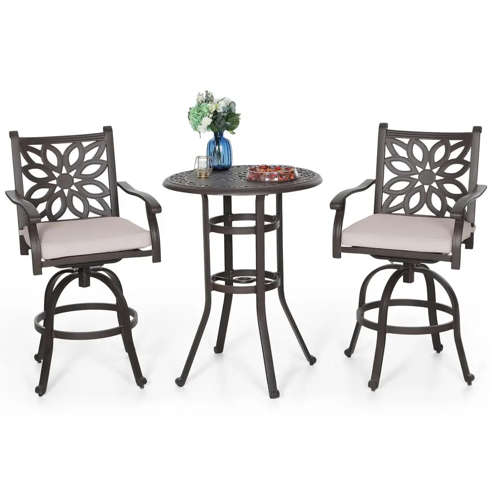 

Patio Furniture Set, Brown 3Pcs Cast Aluminum High Top Table and Swivel Bar Stools with Cushion, Pub Bistro Set for Outdoor