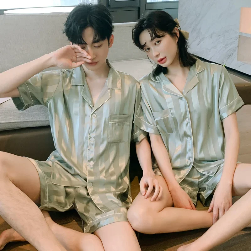 Couples Pajamas Set Short-sleeved Shorts Ice Silk Pajamas Men Silk Satin Pajamas Set Long Sleeved Sleep Women Sleepwear Pijamas