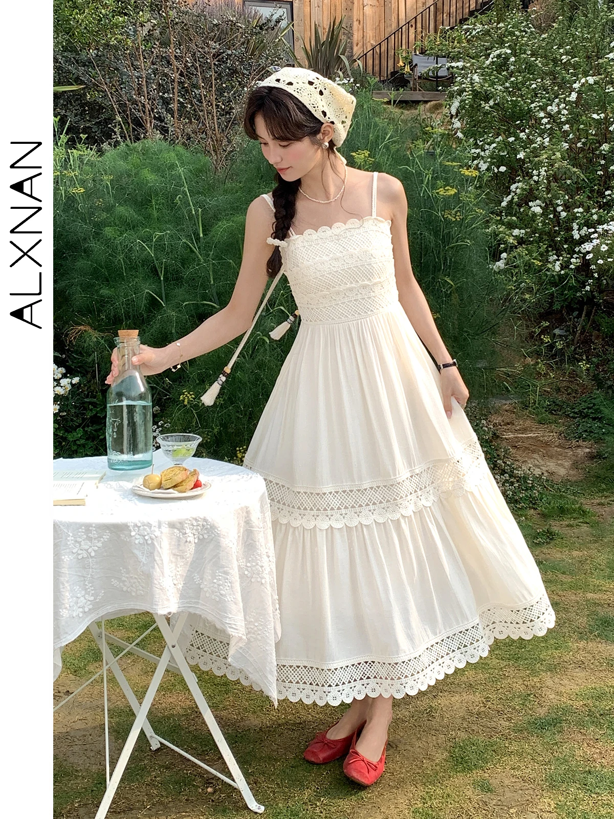 

ALXNAN Women's Long Dress White Elegant Woven Hollow Design Dress 2025 Summer Sweet Casual Sleeveless Ladies Clothing New L55272