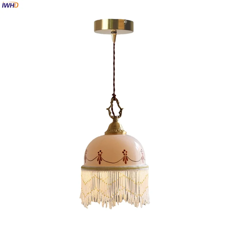 

IWHD Home Decor LED Pendant Lamps Living Dining Room Bedroom Cafe Vintage Copper White Printed Ceramic Hanging Light Hanglampen