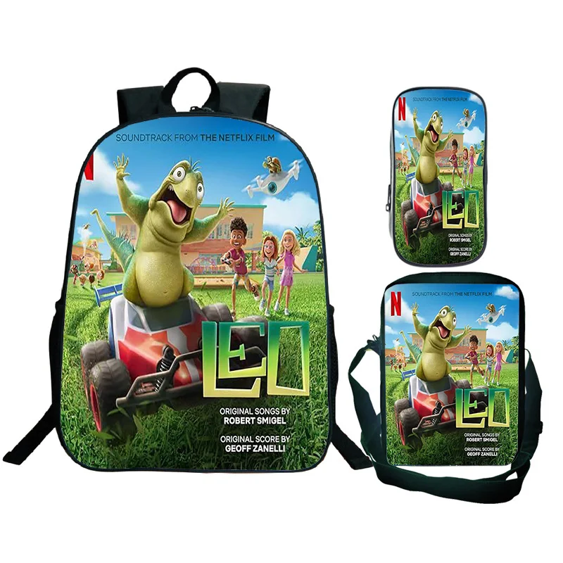 2024 Leo Grappige Hagedis Rugzak Crossbody Tas Pencial Case 3 Stuks Tiener Student Schooltassen Grote Capaciteit Boekentas Jongens Meisjes Mochila