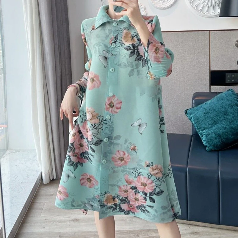 

Fashionable vacation style printed dress 2024 summer new floral pleated long skirt loose dress LOOSE FIT
