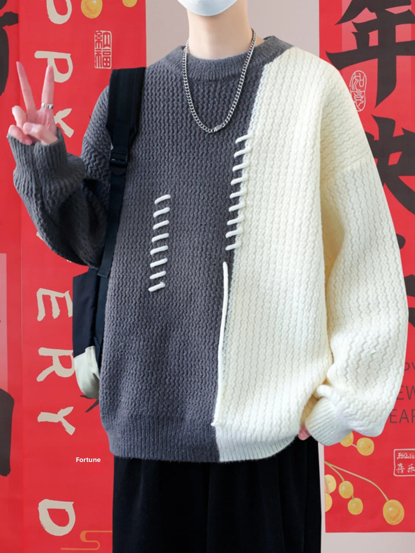 

Men's Fce Lined Knitted Sweater round Ne Thiened Winter Top Color Blo Splicing Youthful Flair Embroidered Casual Wear