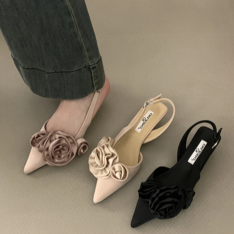 New Woman 2024 Trend Sandals High Heeled Sweet Rose Closed Toe Footwear Summer Slingback Pointed Fashion Dress Ladies Shoes