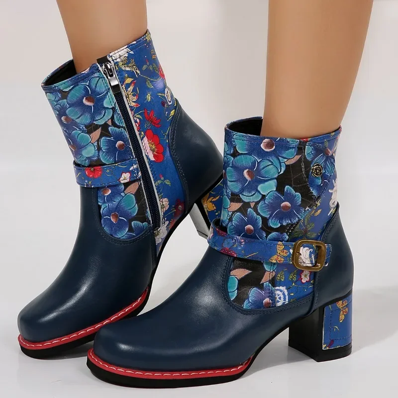 Bottes Rondes à Talon Épais avec Fermeture Éclair Latérale pour Femme, Chaussures Rétro Modernes, Couleurs Mélangées, Grande Taille, 2024