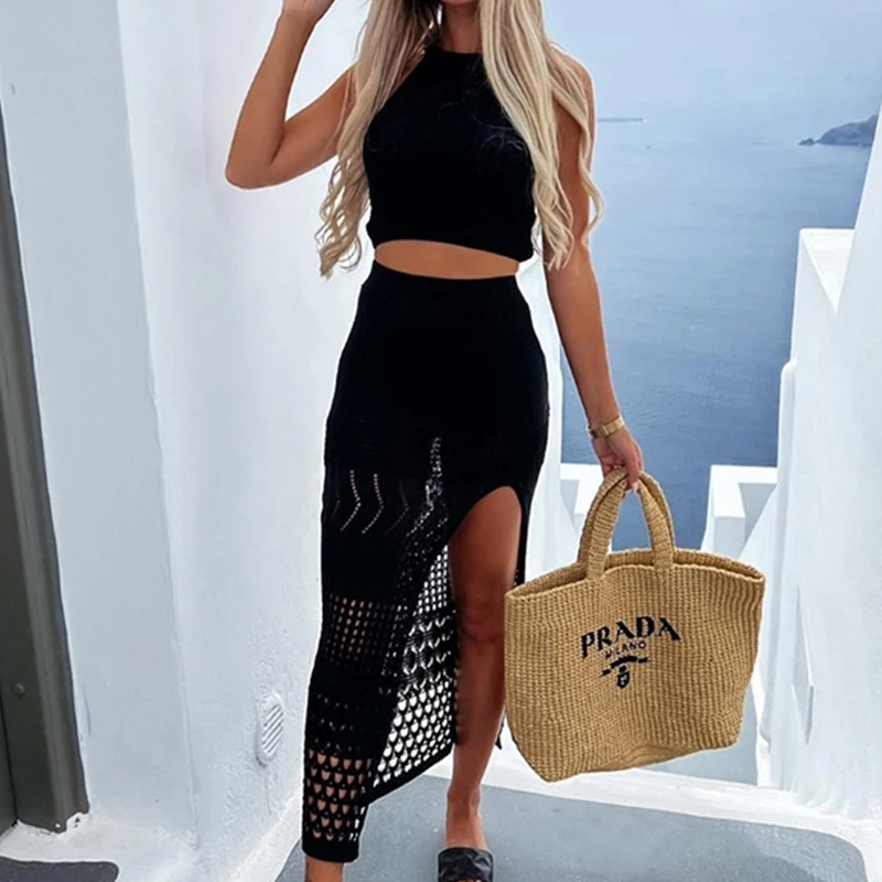 New Style Knitting Solid Color Tank Top Texture Slit Dress Ladies Beach Sunscreen Dress Suit Hollow Out Beachwear Cover Up