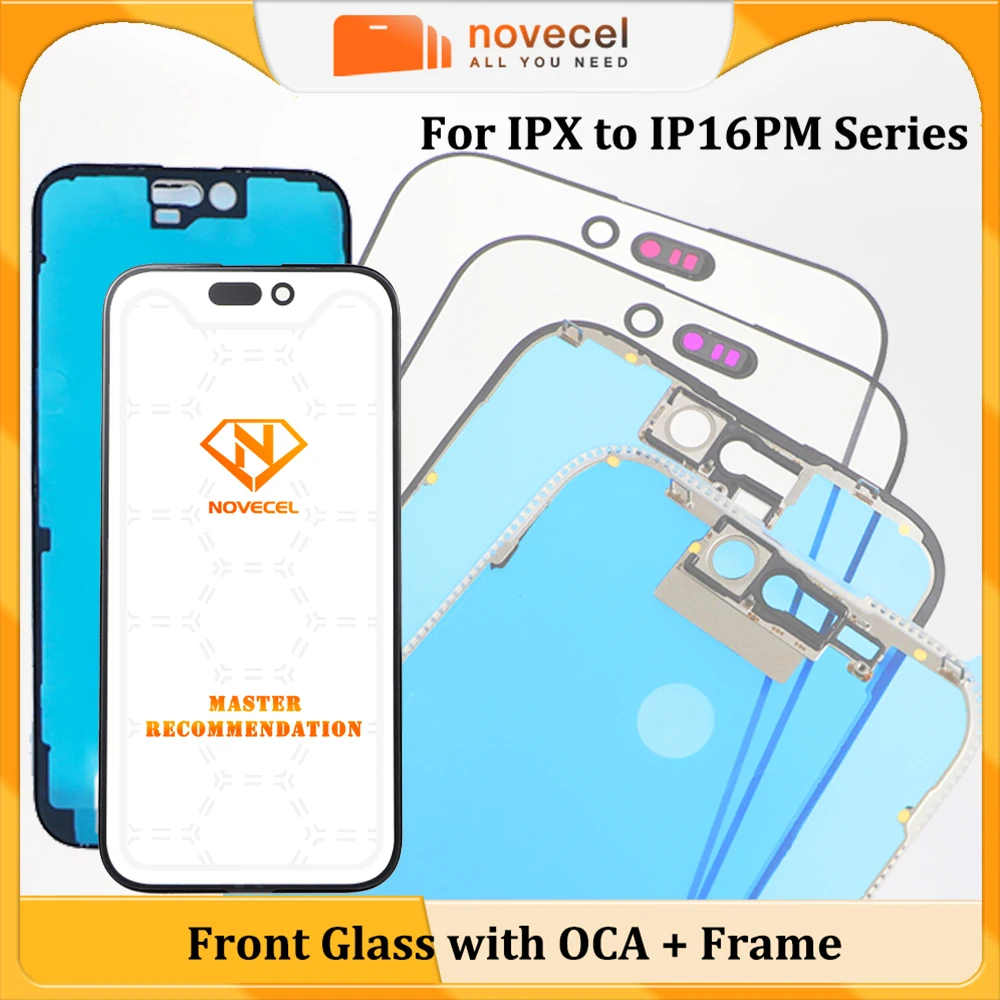 

Novecel 10set Front Glass Lens+OCA+Frame Replacement for iPhone 16E 15 Plus 13 12 14Pro Max XS LCD Display Screen External Panel