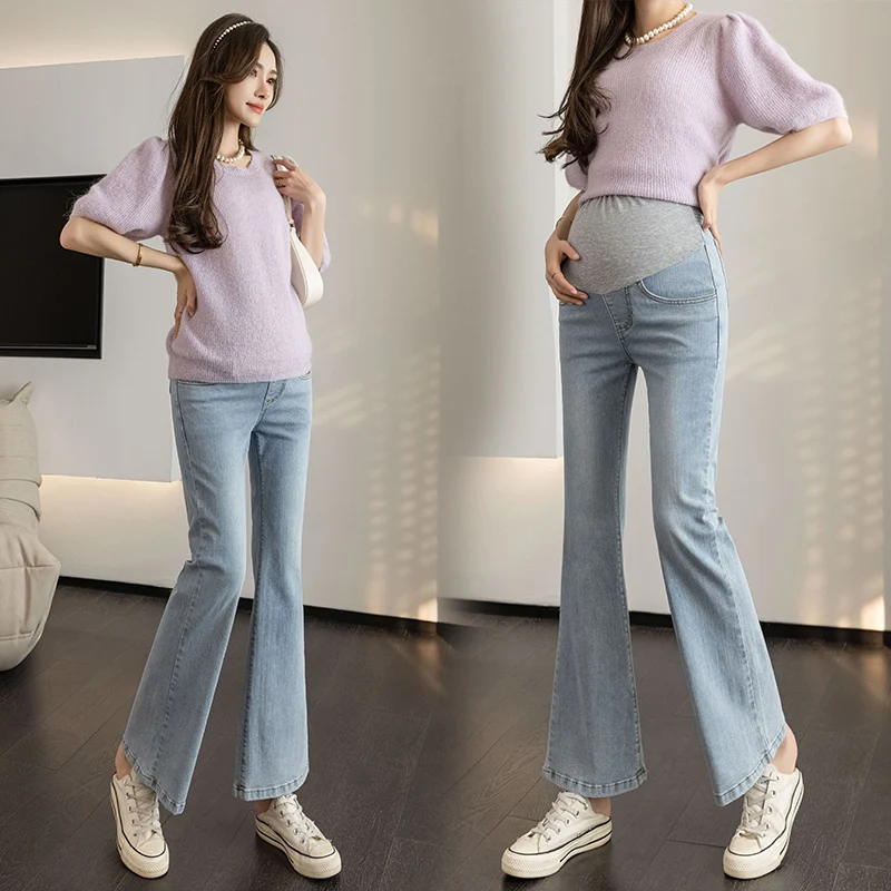 Stretch Washed Denim Boot Cut Jeans for Maternity Autumn Korean Fashion Slim Fit Flared Pants for Pregnant Women Pregnancy Youth