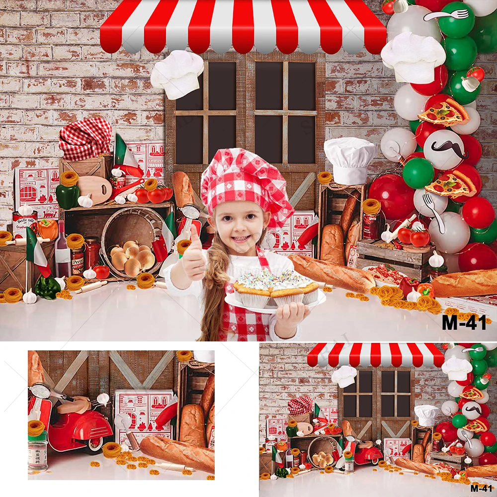 

Photography Background Pizza Bakery Red and Green Balloons Girl 1st Birthday Cake Smash Decor Backdrops Photo Studio Props