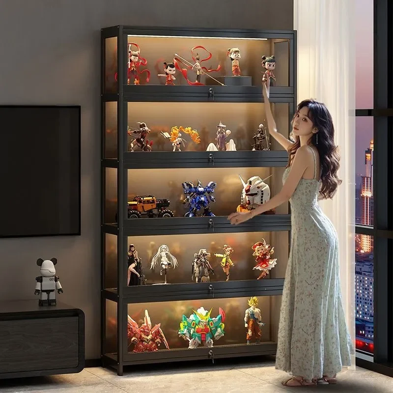 Lockable Acrylic Display Case with LED Light Dustproof Transparent Showcase for Model Toys Figures Home Decor Ornament Rack