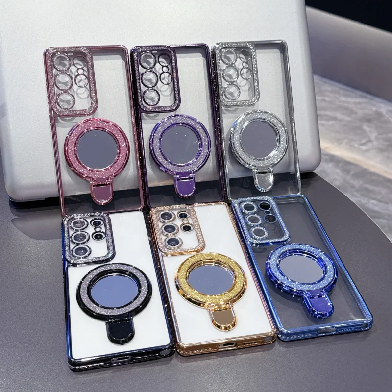 

New rhinestone glitter paper gradient makeup mirror with magnetic stand suitable for SamsungGalaxyS25UltraMobile Phone Protectiv