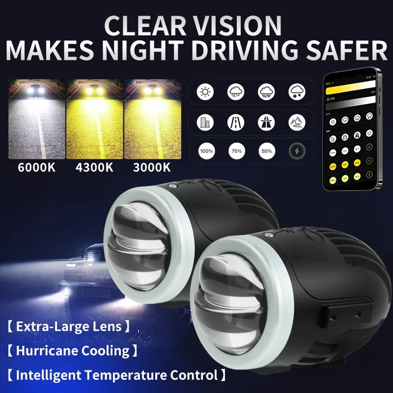 2 Inch Bi LED Laser Fog Light Projector Lens for Toyota GM 12V 60W 3000K 4300K 6000K with APP Control