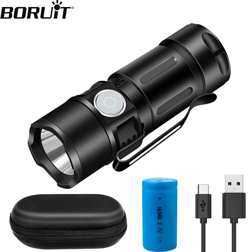 BORUiT Mini Led Flashlight 600LM Rechargeable Pocket Torch Light 16340 battery Waterproof Camping Lantern with Magnet Hug clip