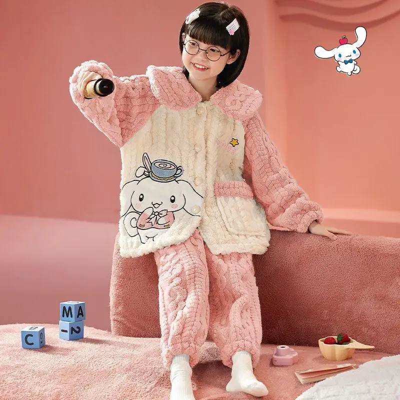 

Hot Cinnamoroll Loungewear Set Girl Kawaii Casual Thick Cartoon Pajamas 2 Piece Set Student Christmas Gift Warm Winter Robe New